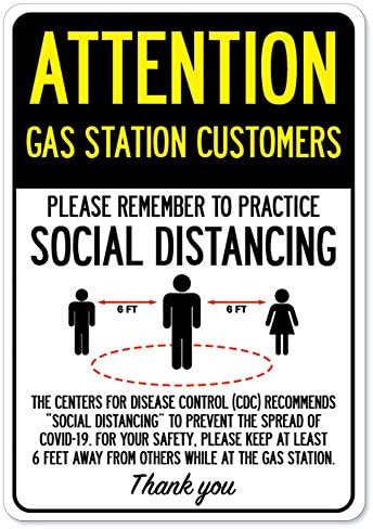 COVID -19 שלט הודעה - לקוחות תחנת גז תשומת לב מתאמנים בהתרחקות חברתית | גרפיקה של קיר קיר ומקל | הגן על העסק